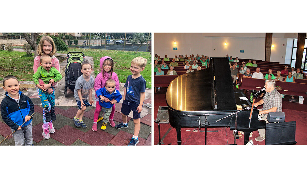 Newsletter - Group of children (Left), Ross Jutsum playing the piano (Left)